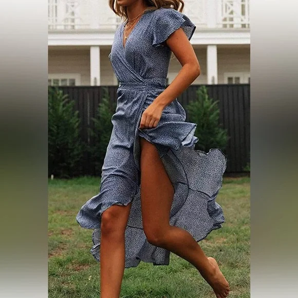 Zesica | Dresses | Bohemian Floral Printed Wrap V Neck Beach Party Flowy  Ruffle Midi Dress | Poshmark